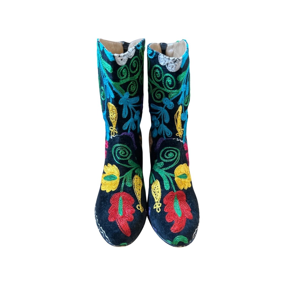 Suzani Embroidered Floral Velvet Block Heel Ankle Boots Women Size 39/US 9 - Picture 4 of 14